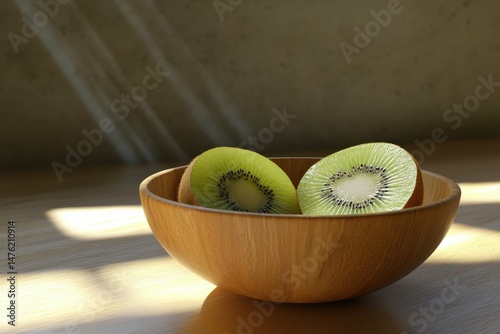 clear pixel visual of fresh kiwi cut into half put on a wooden bowl