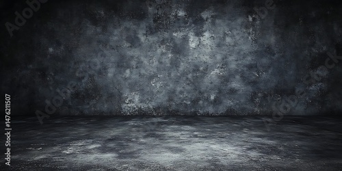 Dark abstract smoke clouds fill a grungy concrete room with an eerie light photo