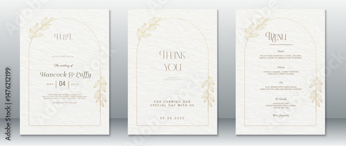 Elegant wedding card set with a minimal cream background and golden botanical line art. Includes Save the Date, Thank You, and Menu templates.  