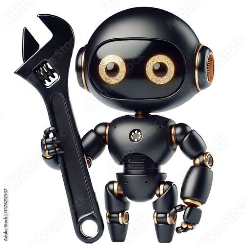 Cute 3D black robot with golden eyes holding adjustable wrench in side view isolated on white background