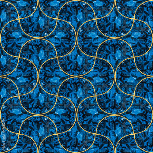 Ceramic tile pattern. Ornament. Geometric seamless pattern. Illustration in stained glass style. Geometric openwork. Art deco. Print for wallpaper, T-shirts, linens or wrapping, textile.