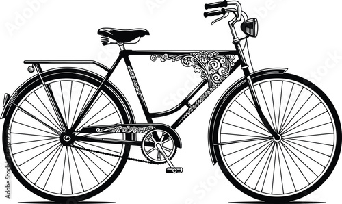 Vintage Ornate Bicycle, Black and White Vector