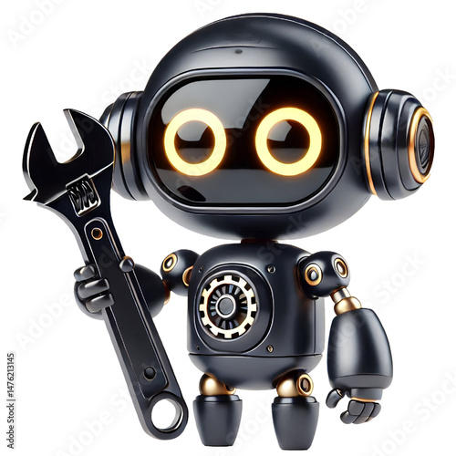 Cute 3D black robot with golden eyes holding adjustable wrench in side view isolated on white background