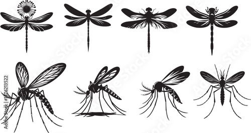A detailed silhouette set of mosquitoes in various flight and posture positions. Ideal for scientific visuals, health awareness campaigns, pest control infographics, and entomology presentations. Full