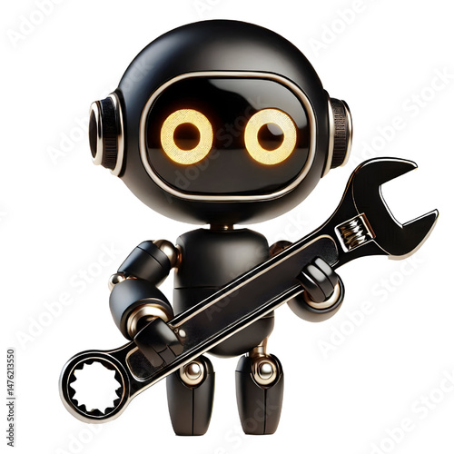 Cute 3D black robot with golden eyes holding adjustable wrench in side view isolated on white background