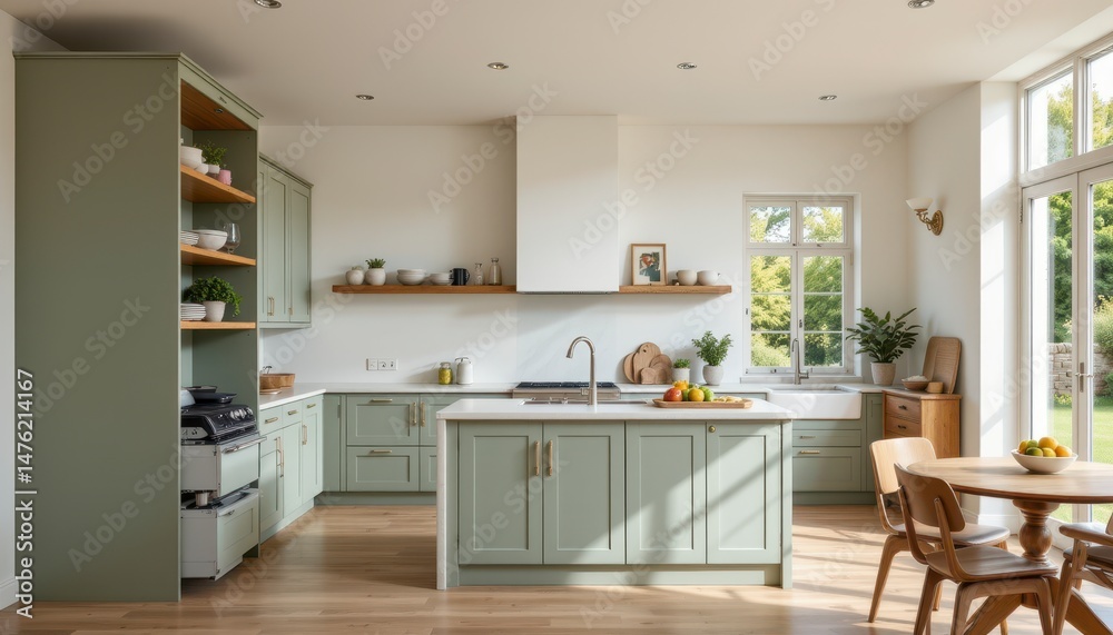Modern Green Kitchen Interior with Natural Light and Minimalist Design Features and Open Space Layout