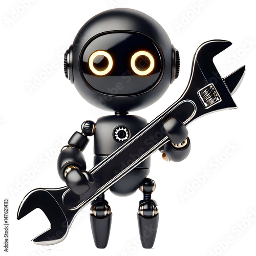 Cute 3D black robot with golden eyes holding adjustable wrench in side view isolated on white background