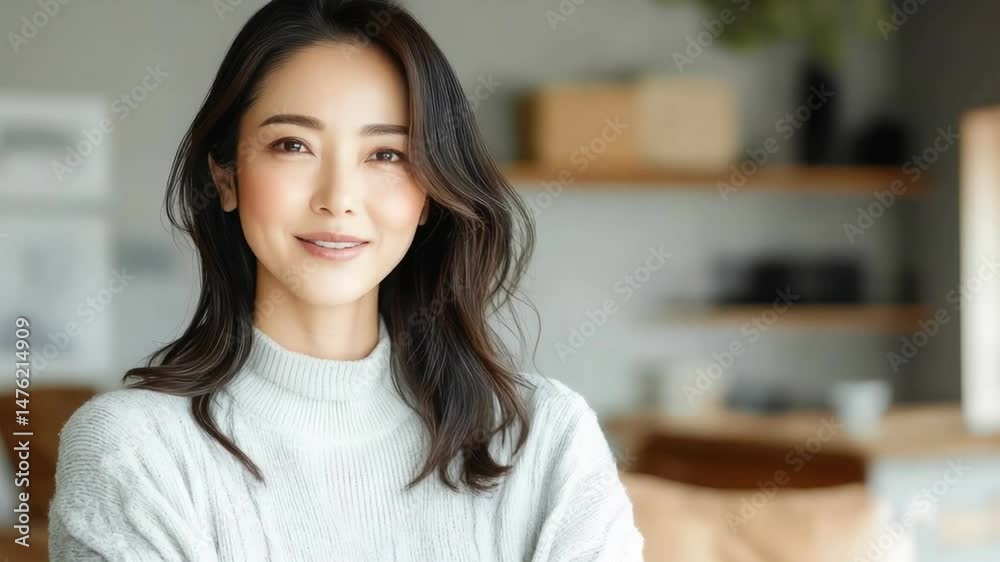 Smiling woman in cozy sweater radiates warmth and confidence in modern living space filled with light. Smiling woman in cozy sweater radiates warmth and confidence in modern living space filled with light.