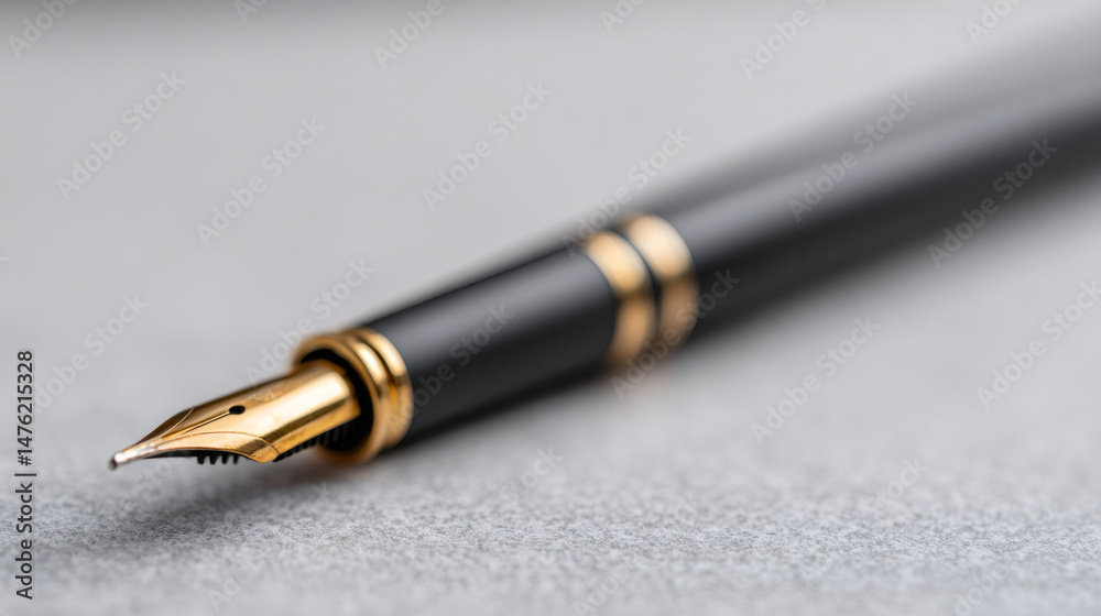 Elegant fountain pen lying on gray desk, ready for writing Elegant fountain pen lying on gray desk, ready for writing