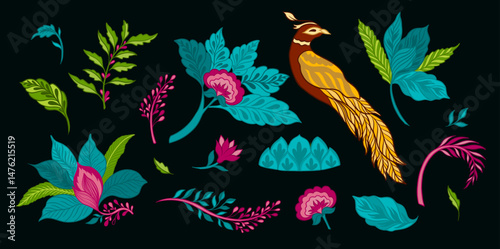 Vintage Mughal Floral Elements Set Traditional Indian Botanical Ornaments for Textile, Print, and Decor Design