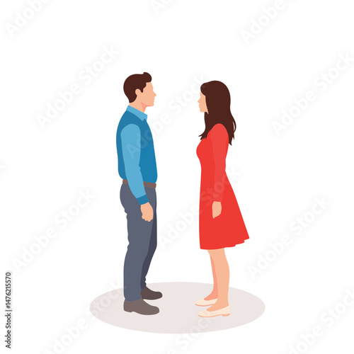Couple standing apart in emotional distance on white background, separation