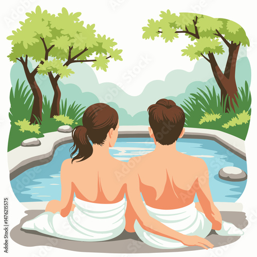 Couple relaxing by serene pond in spa garden, emotional tranquility
