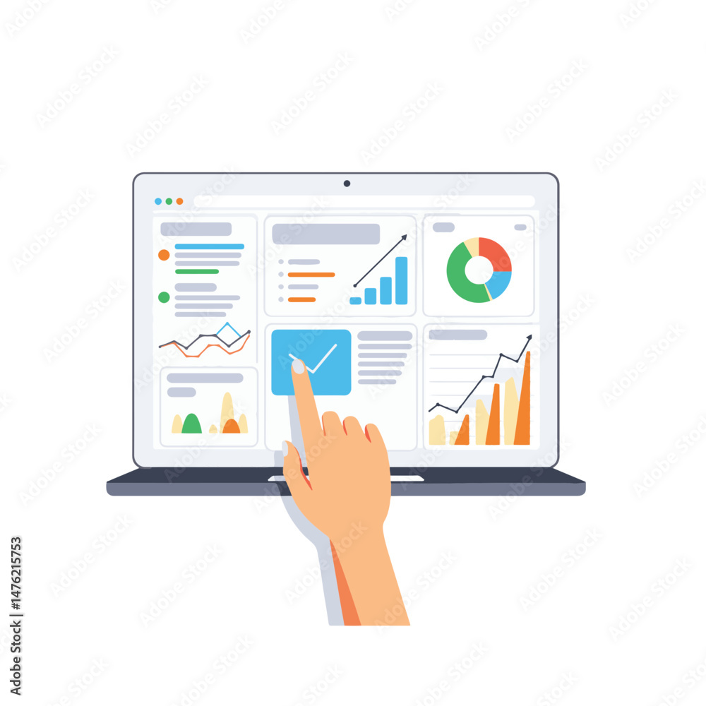 Hand interacting with email campaign analytics dashboard, data insights Hand interacting with email campaign analytics dashboard, data insights