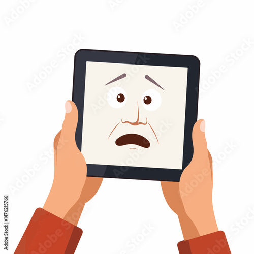 Confused elderly person holding tablet with worried expression, technology