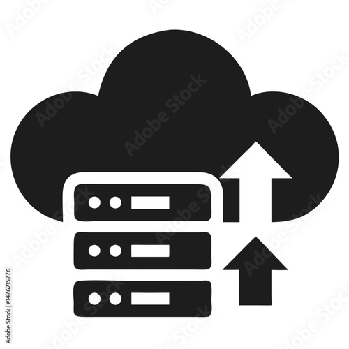 Cloud technology icon depicting server and data upload in modern silhouette style