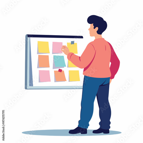 Focused individual interacting with project board, collaboration concept