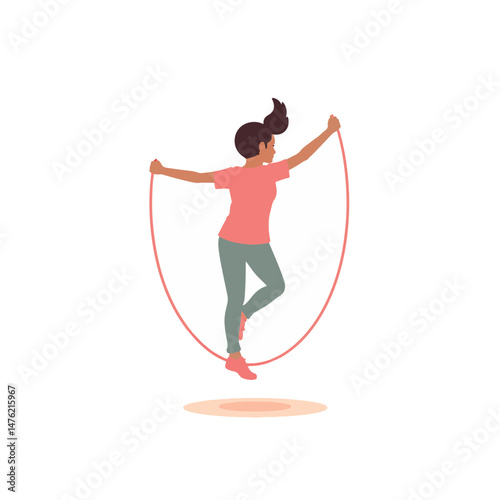 Girl joyfully jumping rope alone on white background, fitness concept