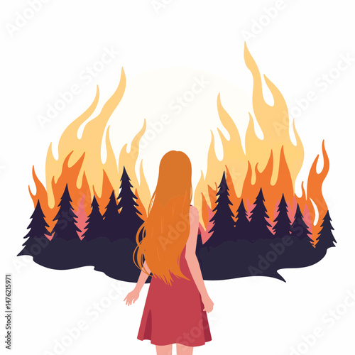 Girl observing burning forest in minimalistic style, environmental concern