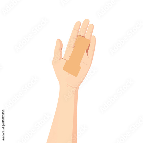Girl's hand holding adhesive bandage on white background, healing concept