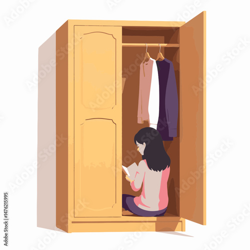 Girl reading quietly inside wooden wardrobe, cozy solitude