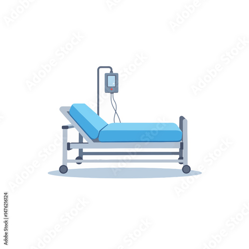 Clean hospital bed with infusion pump on white background, healthcare design