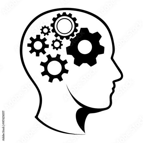 Silhouette depicting a head with gears representing cognitive processes and innovation