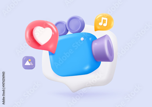 3d video camera simplicity icon signs with lens and button for theater. Realistic film movie icon, play button for streaming multimedia concepts. 3d movie cinema record icon vector render illustration