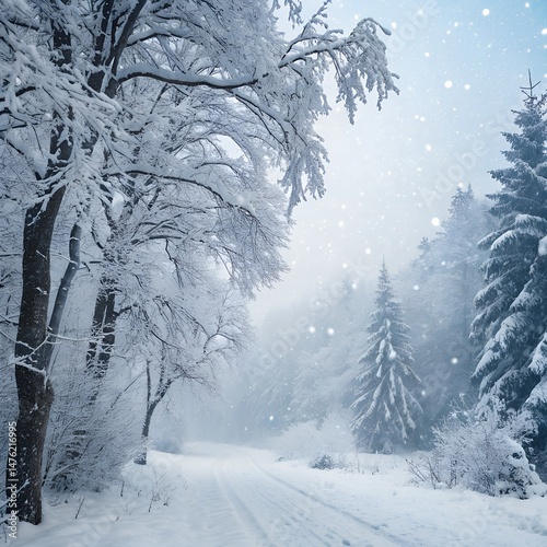  A serene winter scene unfolds with snow-covered trees and a tranquil road, evoking the calm of a snowy day. The image invites viewers into a world of peace and natural beauty.