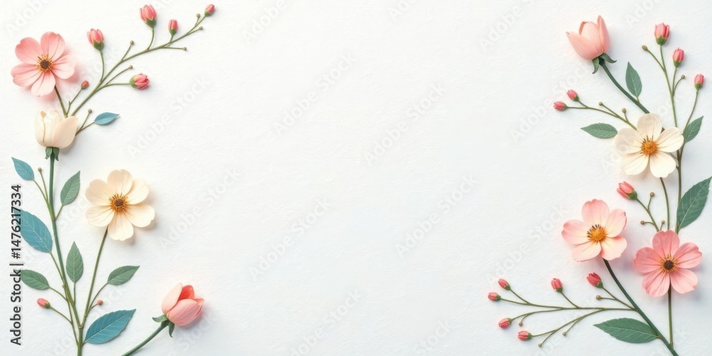Fototapeta premium Delicate pastel blossoms arranged symmetrically on a pristine white backdrop, creating a charming floral border for your design projects