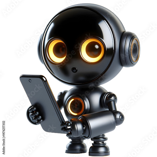 Cute 3D black robot with golden eyes holding phone in side view isolated on white background