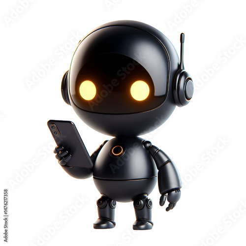 Cute 3D black robot with golden eyes holding phone in side view isolated on white background