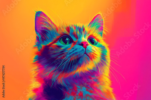 Vibrant Rainbow Cat Portrait Psychedelic Pet Art