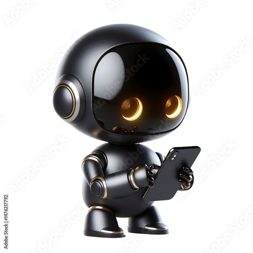 Cute 3D black robot with golden eyes holding phone in side view isolated on white background