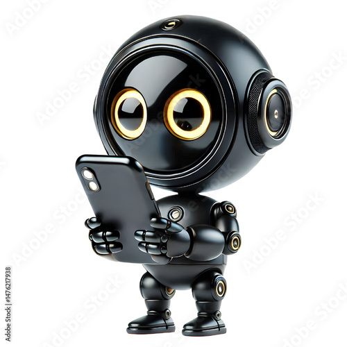 Cute 3D black robot with golden eyes holding phone in side view isolated on white background