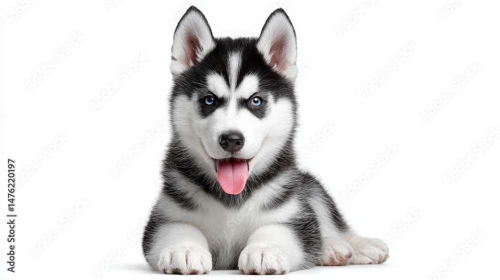 Obraz premium Adorable Siberian Husky Puppy with Blue Eyes Relaxing on White Background