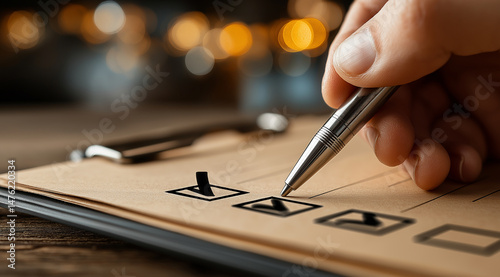 A hand holding a pen and scribbling a checkmark on a digital tablet with a questionnaire paper, a close-up shot of a hand with a stylus writing consisting of three boxes in the for