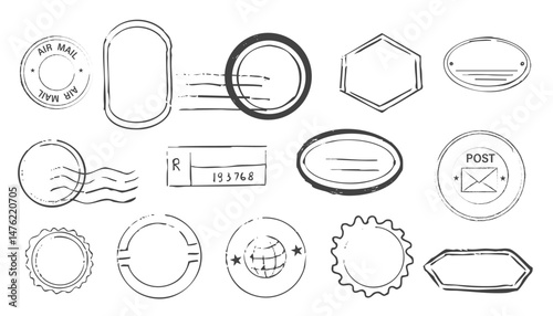 Post stamp air mail postage rubber vintage frame, seal. Line retro textured blank postmark border template. Grunge circle airmail print, design element.