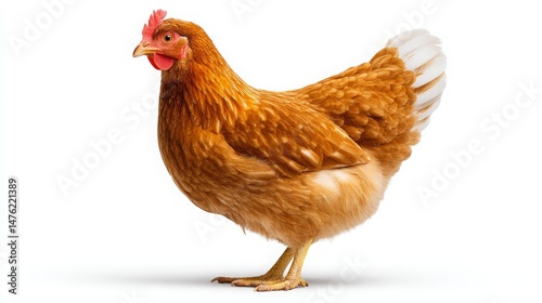 Brown Chicken Standing on White Background with Unique Feather Texture