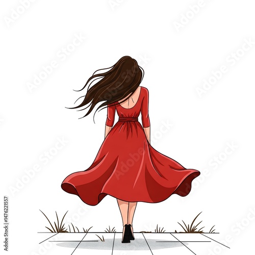 Elegant woman in a flowing red dress walks away from the viewer her long brown hair blowing in the wind a stylish fashion illustration with a minimalist background