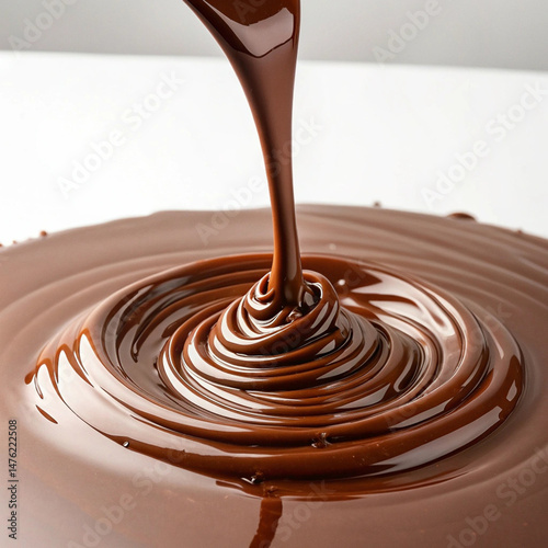  Close-up chocolate swirl forming ripples as it pours, representing indulgence and the sweetness of Eid ul Adha desserts made with love and tradition.