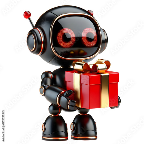 Cute 3D black robot with golden eyes holding red gift box in side view isolated on white background