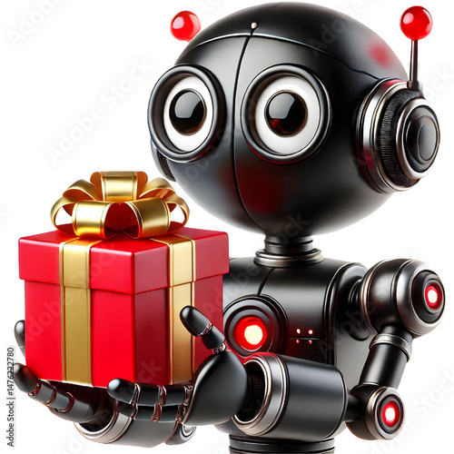 Cute 3D black robot with golden eyes holding red gift box in side view isolated on white background