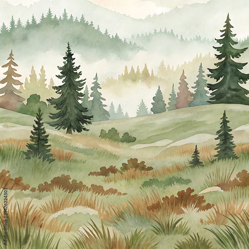 Fototapeta premium Misty Mountain Meadow Abstract Watercolor Clipart Grass Pattern