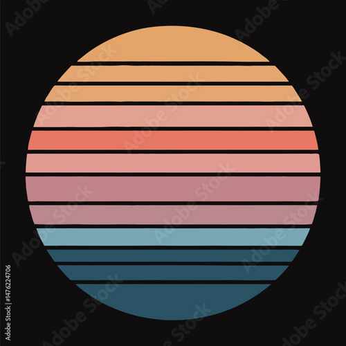 Retro sunset design with colorful horizontal stripes in pastel shades on black background