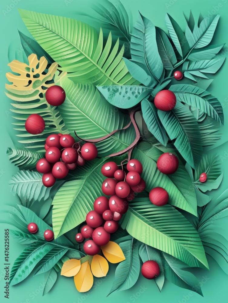 Obraz premium Tropical foliage and berries artful arrangement vibrant green leaves and red fruit botanical illustration nature's beauty