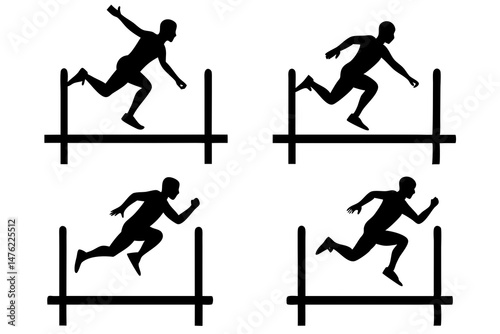 set of Man jumping over hurdles silhouette vector illustration