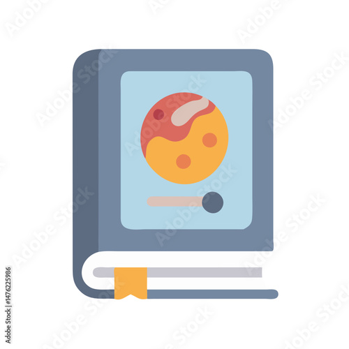 Stylized book illustration with planet graphic on a blue background