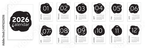 2026 Calendar. Minimal 2026 A4 Calendar. Week Start From Sunday. Hand Drawn Vector Art. 