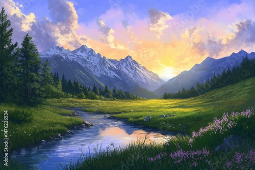 detailed picture of idyllic meadows tranquil mountains sunset over landscapes