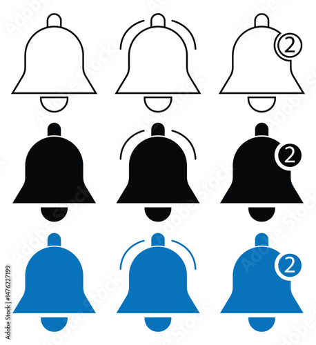 Notification bell icon set, Set of notification bell icon in different style.